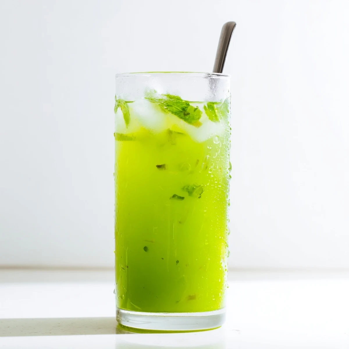 A vibrant glass of Celery Ginger Lemon Juice filled with ice, fresh celery, and mint, perfect for a morning refreshment.