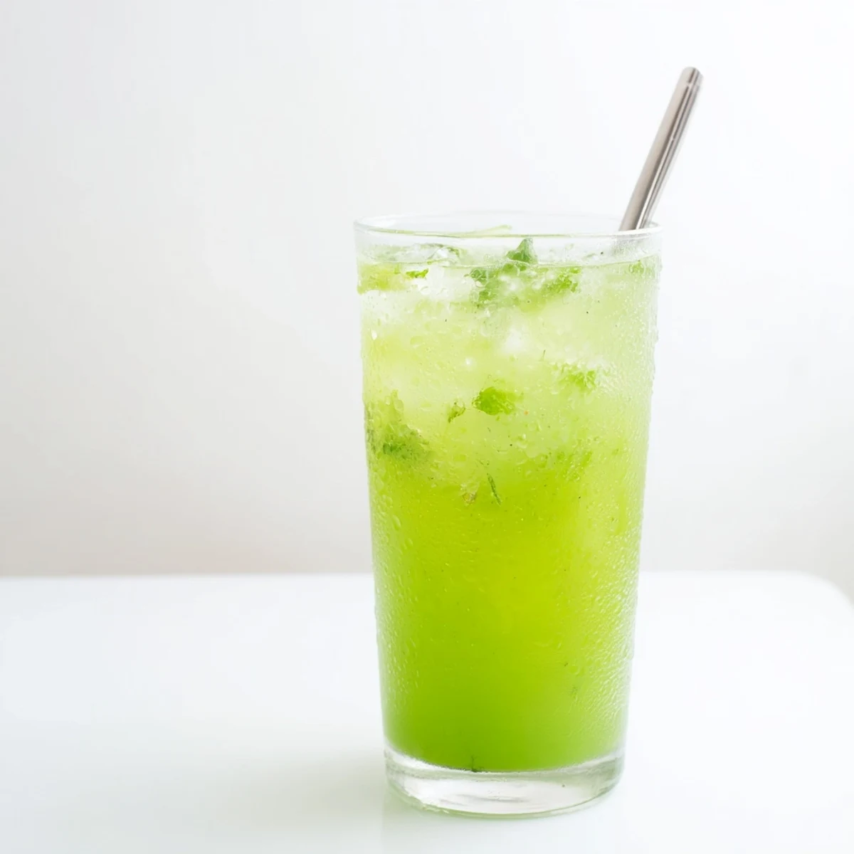 Close-up of a pitcher of Celery Ginger Lemon Juice next to fresh produce and a glass filled with ice.