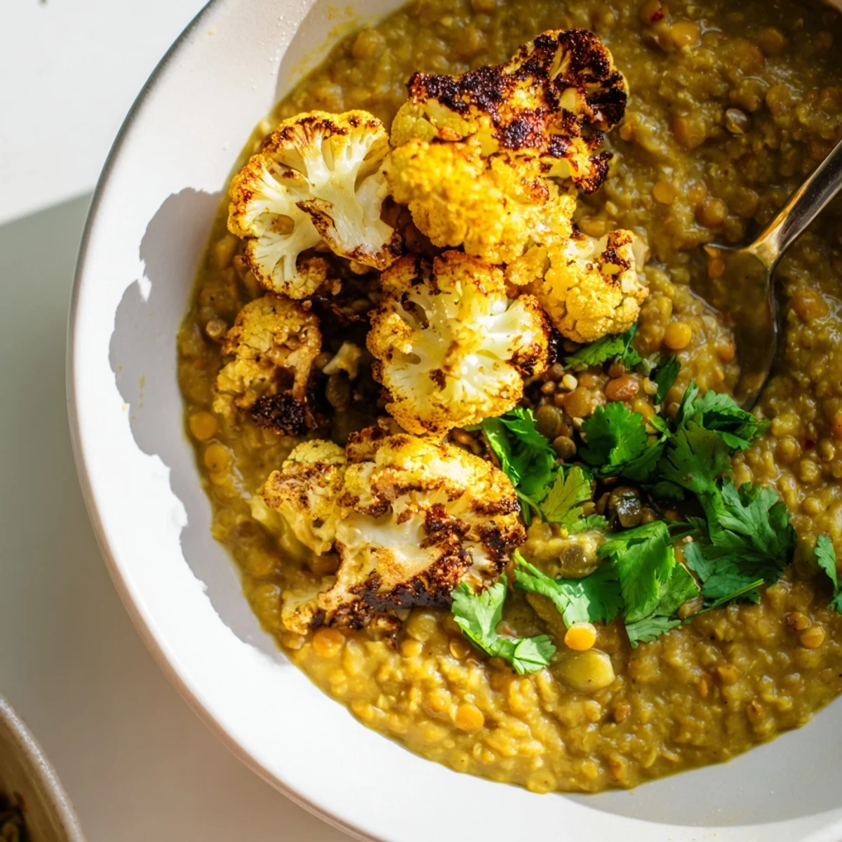 Golden, cumin-roasted cauliflower florets rest atop a warm bowl of creamy red lentil dhal, garnished with fresh cilantro.