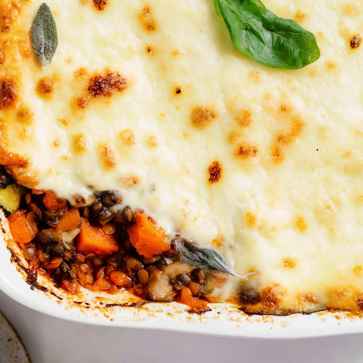 A slice of One-Pan Smoky Veggie Lentil Lasagne reveals layers of pasta, smoky lentils, and creamy béchamel, served warm from the skillet.  