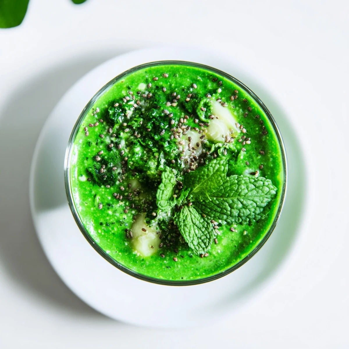 Vibrant green detox smoothie in a glass, featuring spinach, romaine, banana, apple, and chia seeds for a refreshing morning boost.  