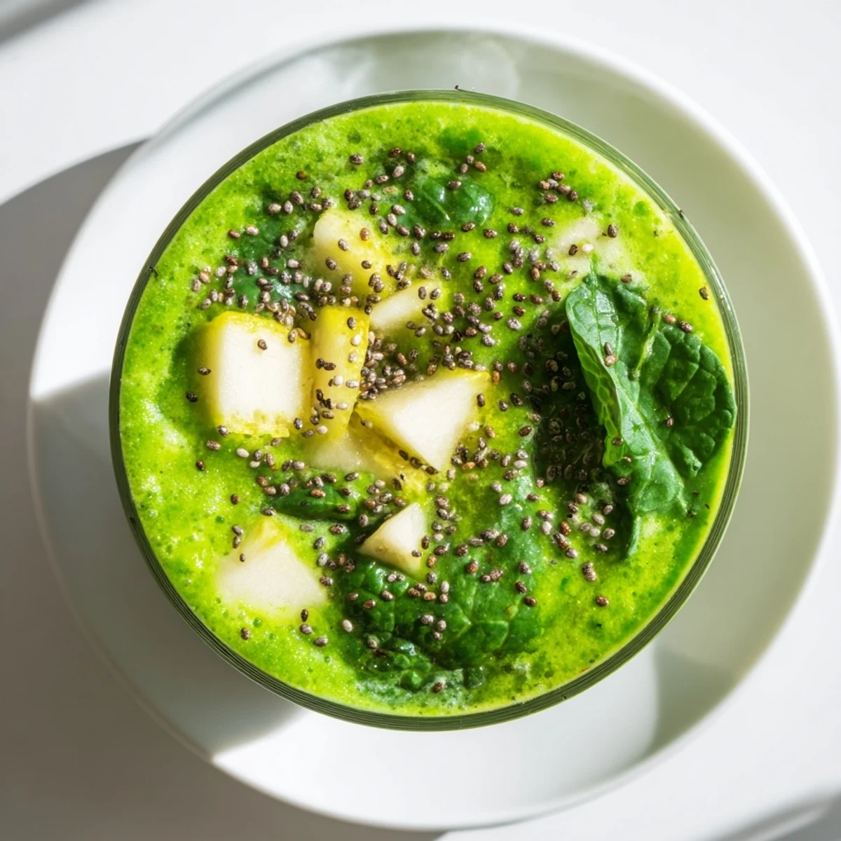 Thick green detox smoothie with visible chia seeds, poured into a mason jar, perfect for a quick, healthy start.