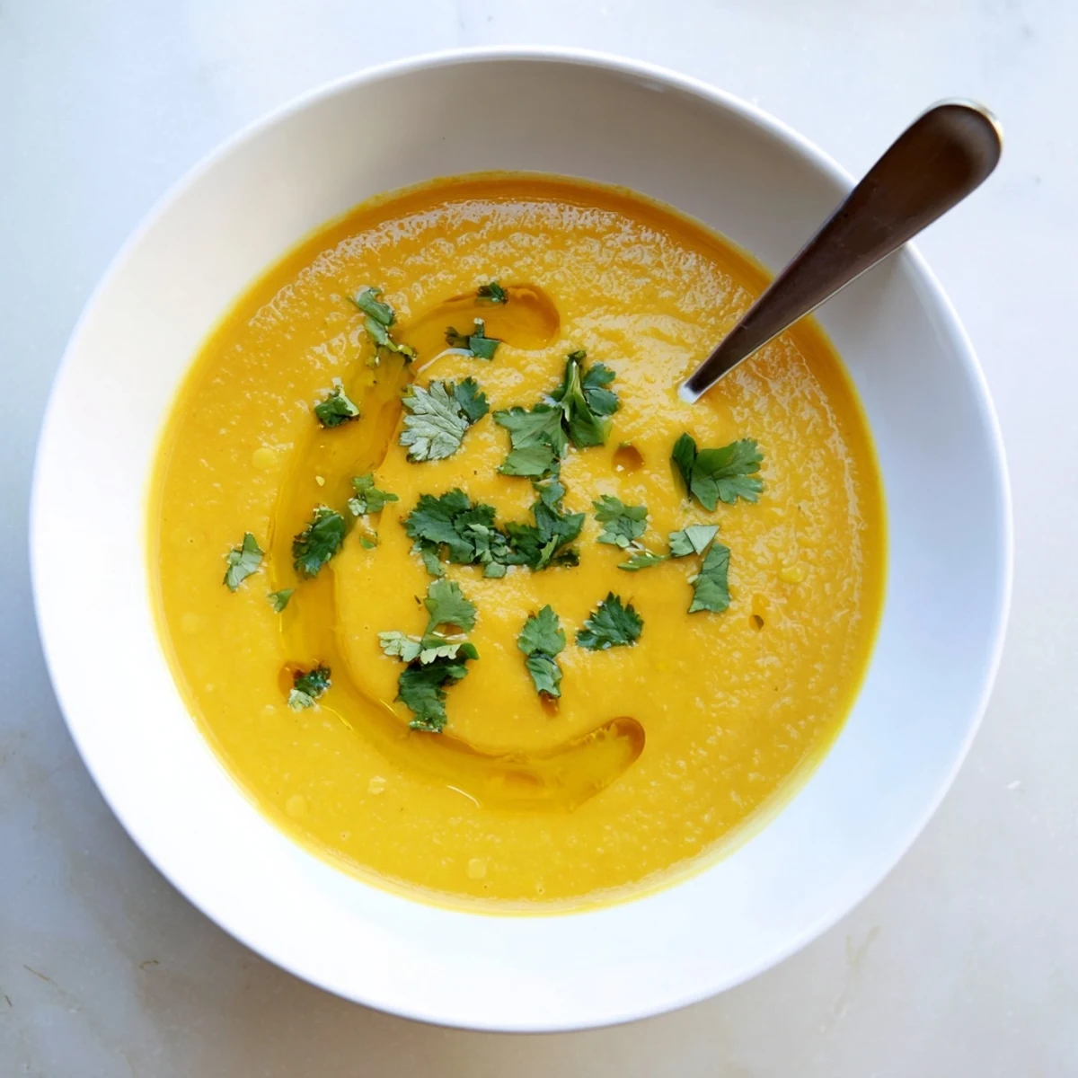 Velvety butternut squash and lentil soup simmered with spices, garnished with cilantro and a lemon squeeze for a cozy meal.  