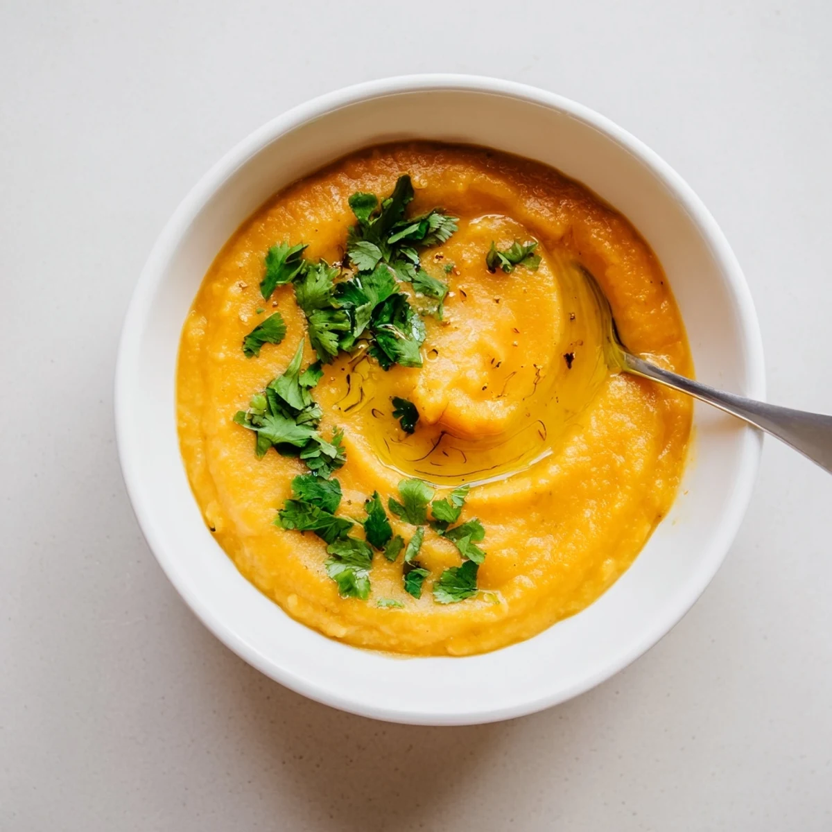 Serving suggestion for butternut squash and lentil soup paired with crusty gluten-free bread and a drizzle of olive oil.