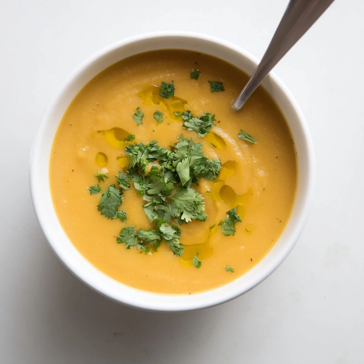 A bowl of vegan butternut squash and lentil soup with roasted squash cubes, carrots, and red lentils in creamy broth.  