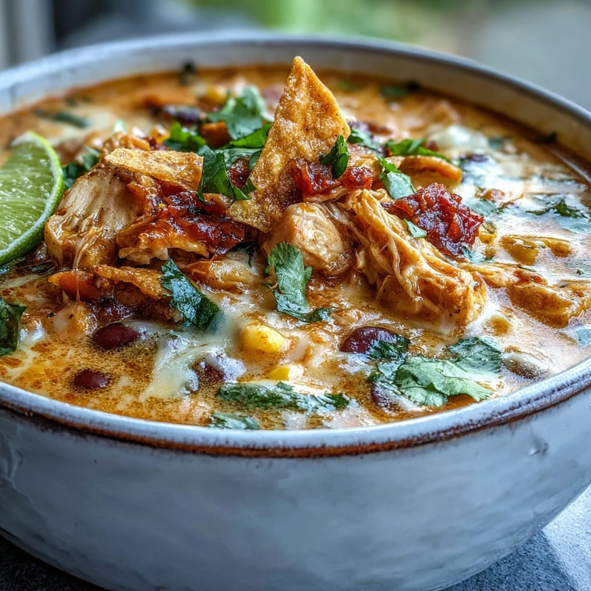Hearty Easy Chicken Tortilla Soup with vibrant tomatoes and corn, a ladle ready to pour, perfect for a cozy dinner.