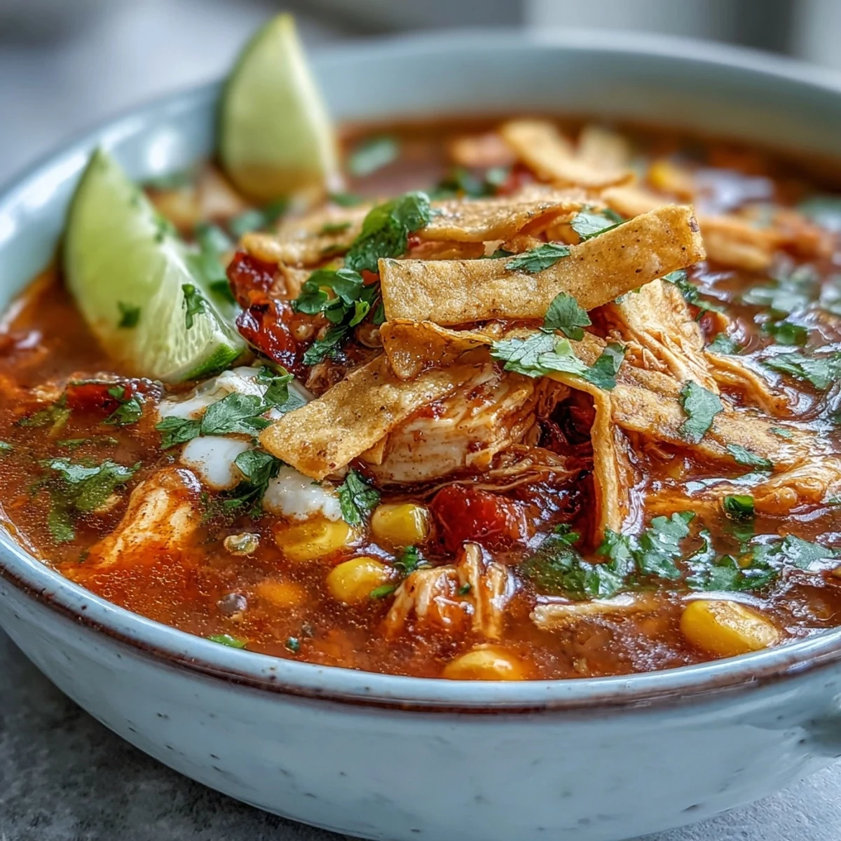 A comforting bowl of Best Chicken Tortilla Soup garnished with creamy avocado, lime wedges, and crunchy tortilla strips on a wooden table.