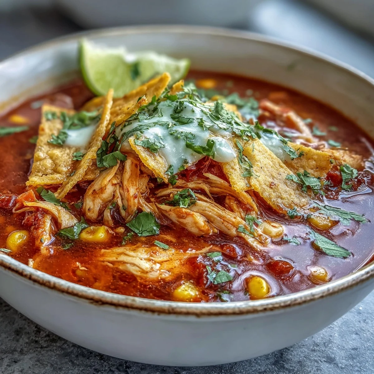 Serving Best Chicken Tortilla Soup with shredded chicken, fire-roasted tomatoes, and corn, ready to be topped with cheese and sour cream.