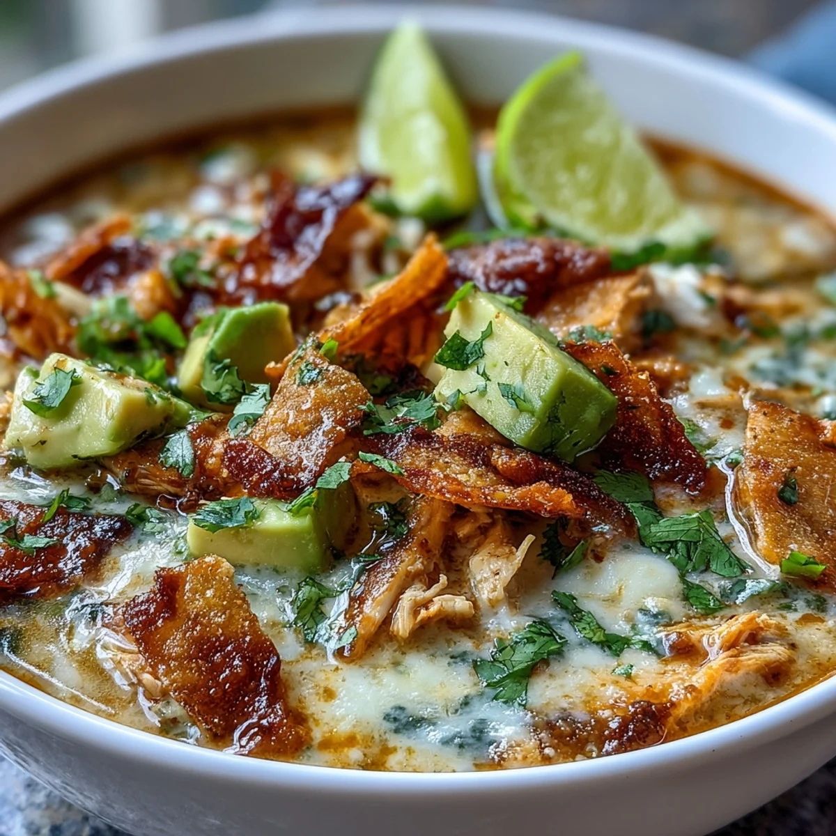 A bowl of Creamy Chicken Tortilla Soup topped with diced avocado, crushed tortilla chips, and fresh cilantro.