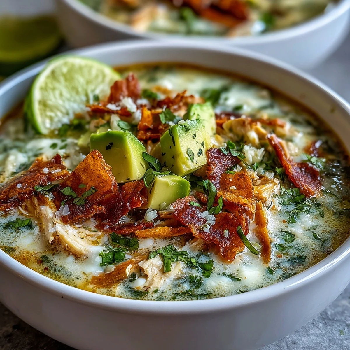 Creamy Chicken Tortilla Soup simmers in a pot, revealing tender shredded chicken in a rich salsa verde broth.