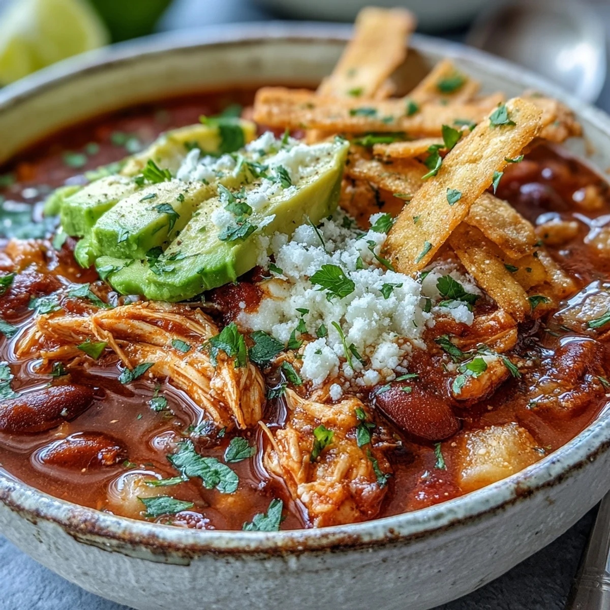 A steaming bowl of Chicken Tortilla Soup garnished with fresh cilantro and crumbled cotija cheese.