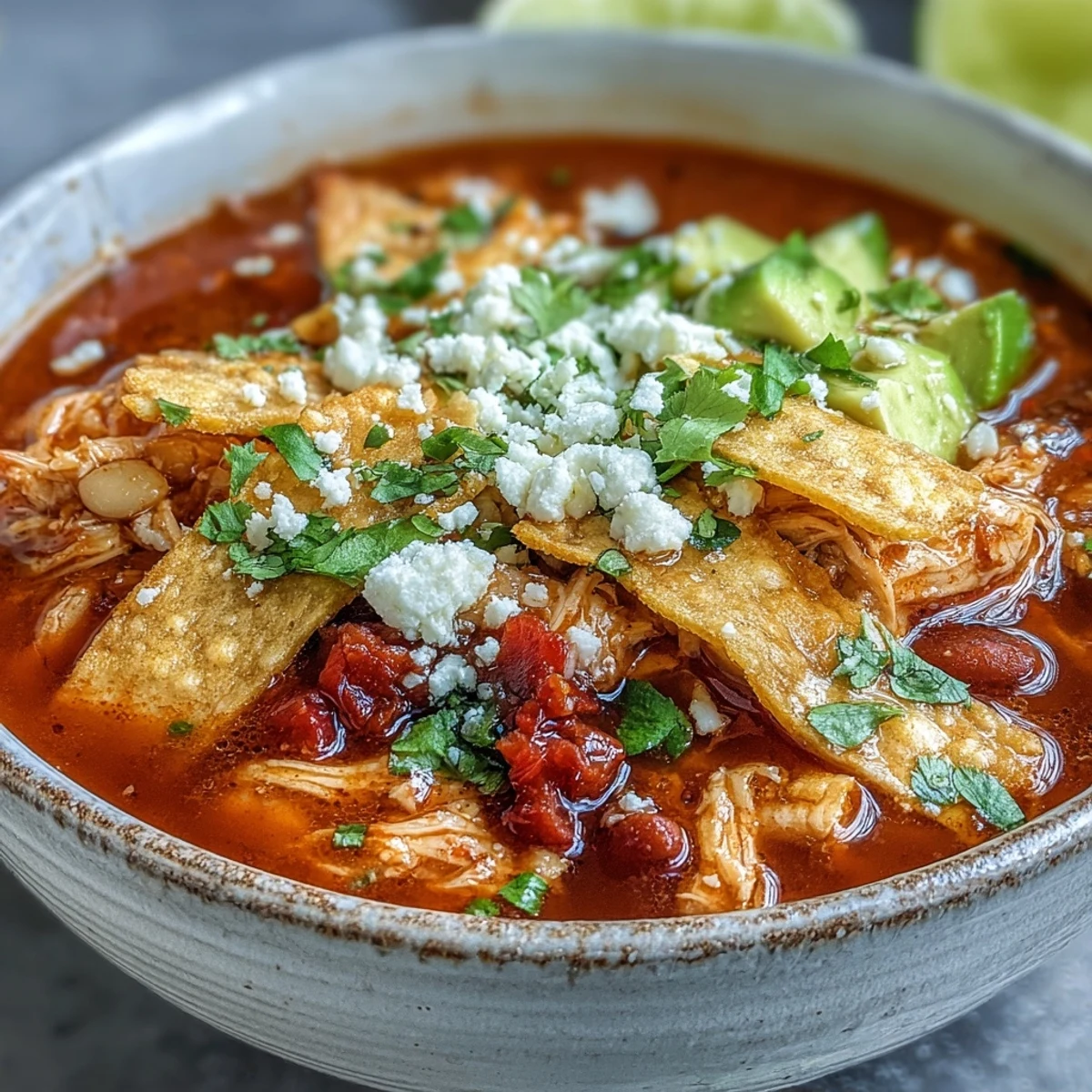 Homemade Chicken Tortilla Soup served with lime wedges and a dollop of sour cream.