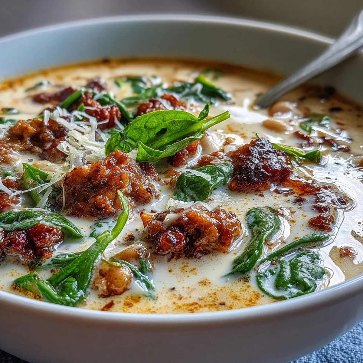 Creamy Tuscan White Bean Soup with Sausage served steaming hot from a pot, garnished with Parmesan, fresh spinach, and carrots.