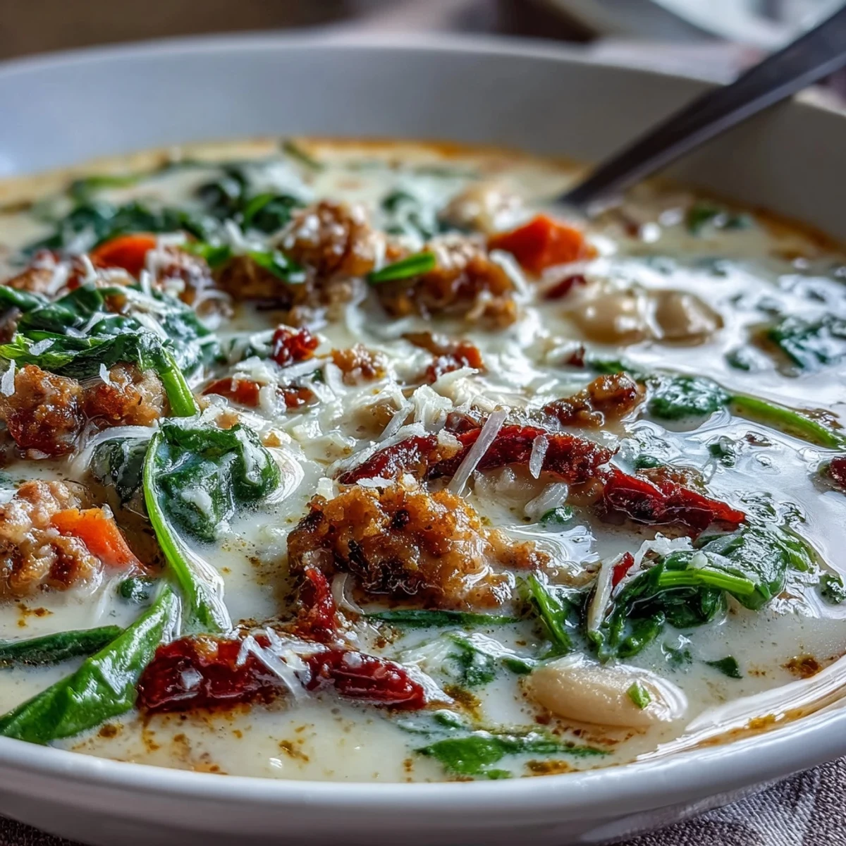 A close-up of Creamy Tuscan White Bean Soup with Sausage, featuring crumbled sausage and wilted spinach in a velvety broth.