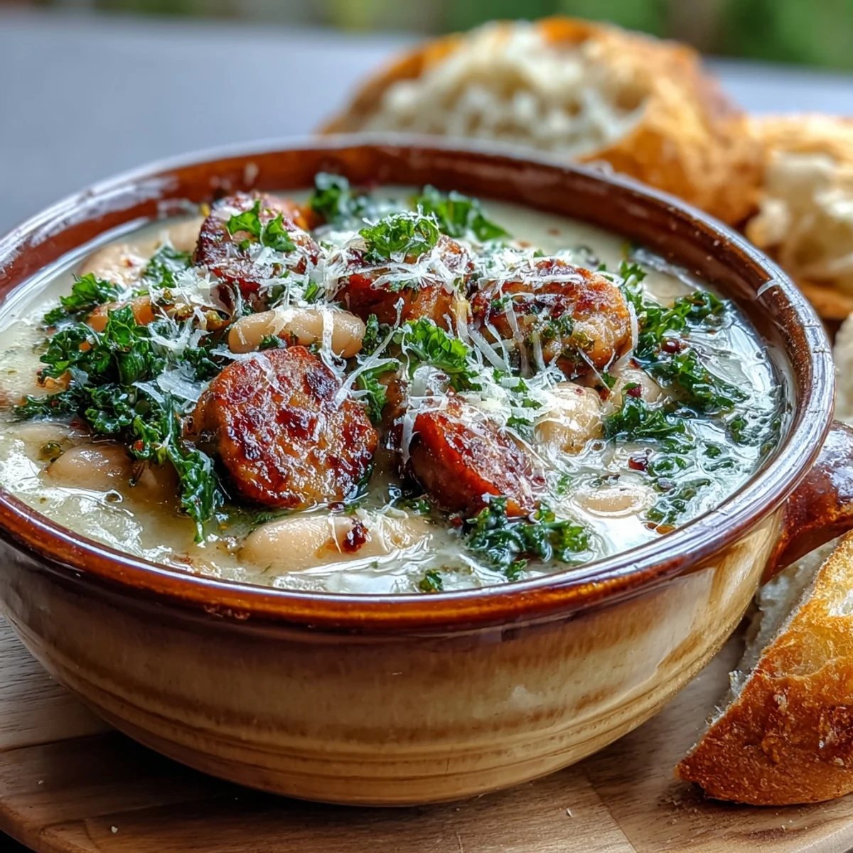 Hearty Italian White Bean Soup with Kale and Sausage served steaming hot in a rustic bowl with crusty bread.