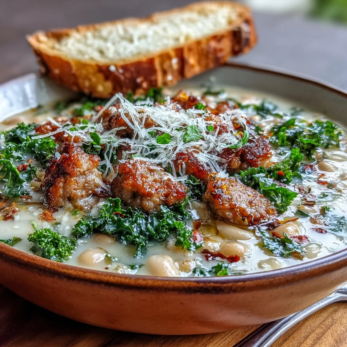 Warm Italian White Bean Soup with Kale and Sausage featuring vibrant greens, beans, and sausage in a cozy kitchen setting.