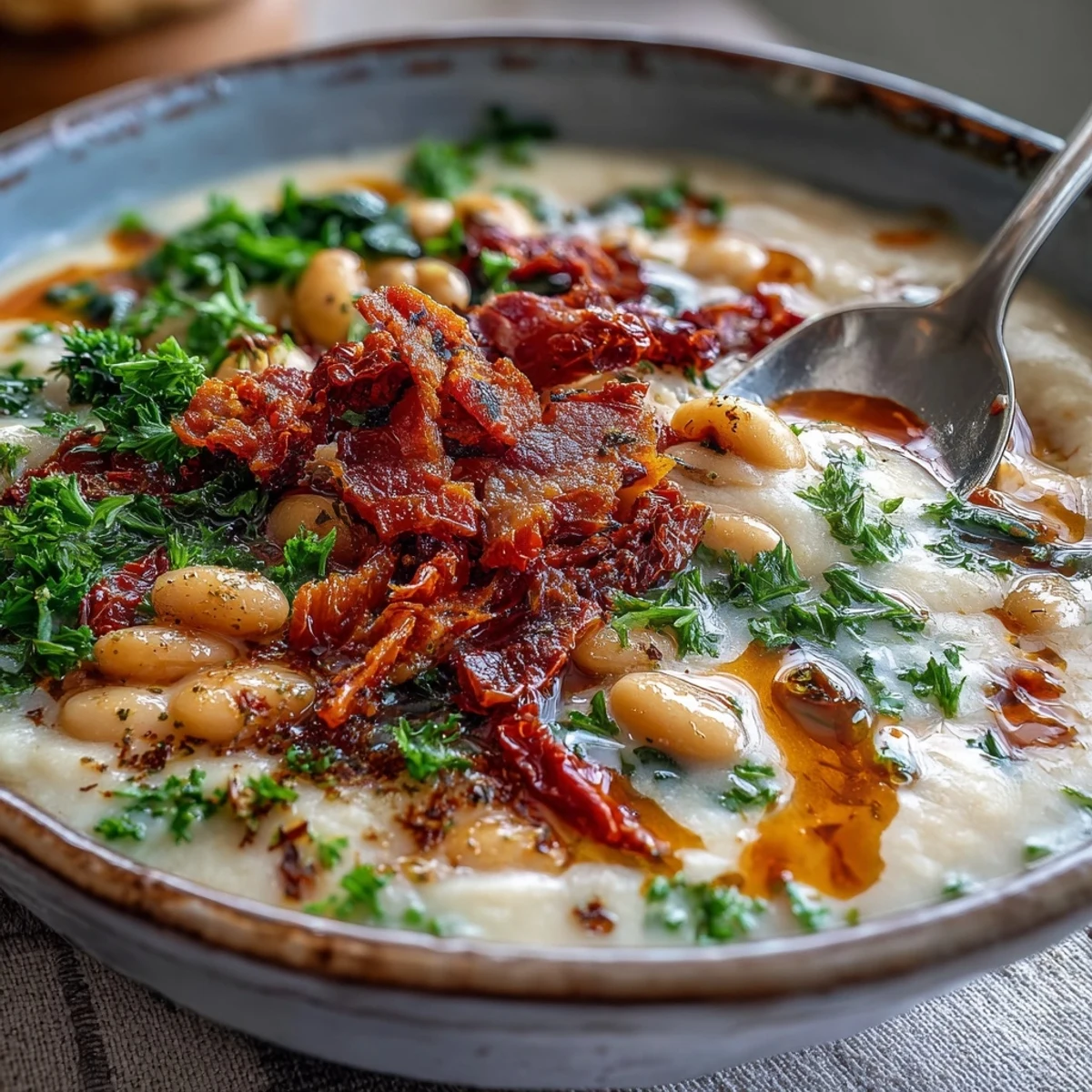 Creamy Tuscan White Bean Soup simmering in a pot, featuring golden pancetta, sun-dried tomatoes, and a rich, velvety texture with fresh herbs.