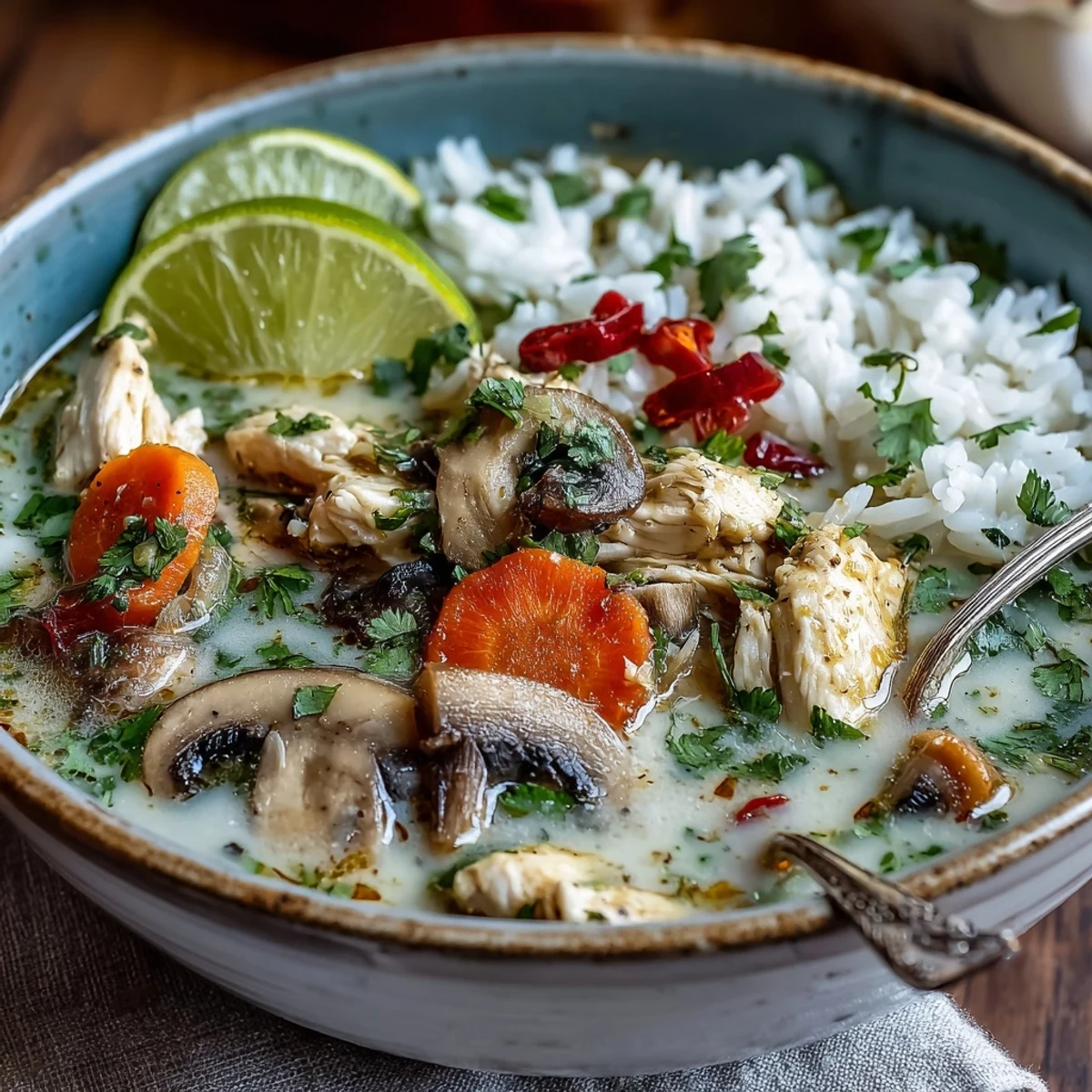 Hearty Thai Coconut Curry Soup with carrots and fresh cilantro, served with lime wedges for a zesty finish.