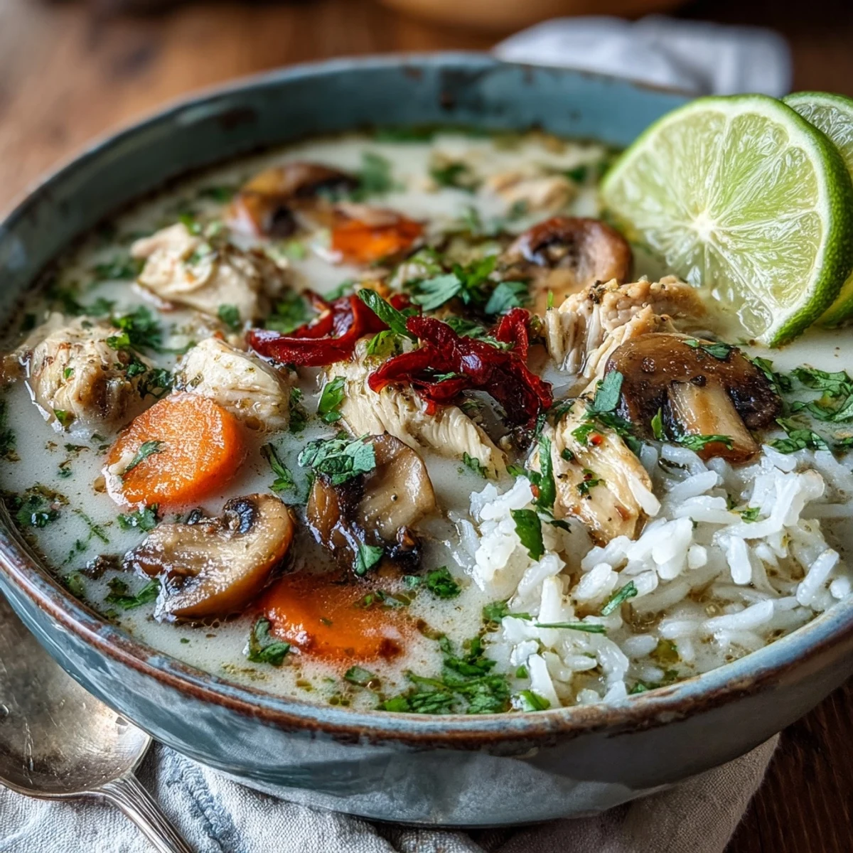Thai Coconut Curry Soup in a bowl, showcasing tender chicken, mushrooms, and jasmine rice in creamy coconut broth.