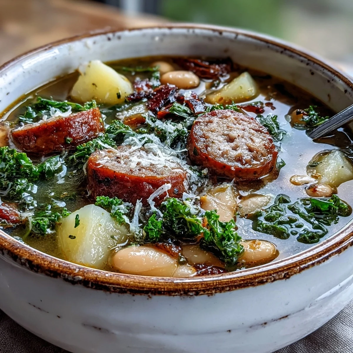 Tuscan White Bean Sausage Soup steaming in a rustic bowl, featuring crumbled Italian sausage, creamy cannellini beans, and vibrant green kale. 