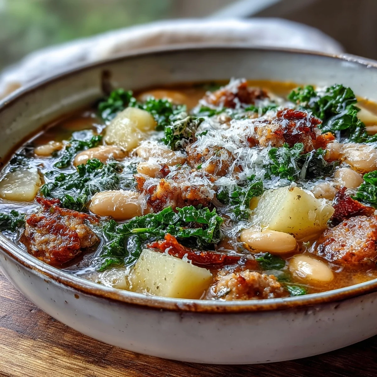 A hearty Tuscan White Bean Sausage Soup served with crusty artisan bread for dipping, showing golden potatoes and savory sausage in rich broth.
