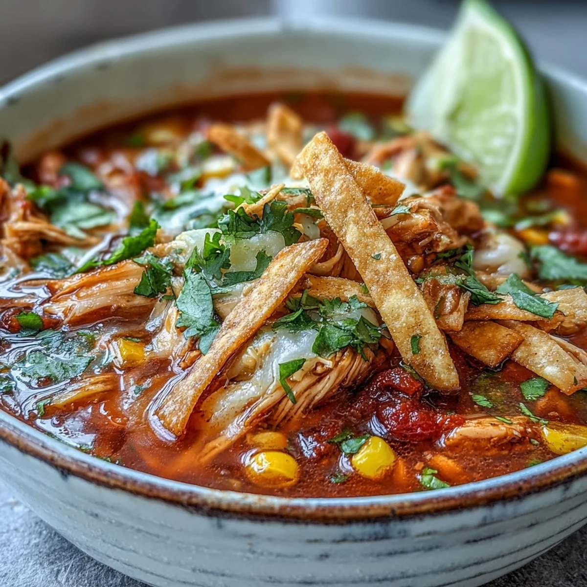 A close-up of Best Chicken Tortilla Soup in a rustic bowl, topped with golden tortilla strips, avocado slices, and fresh cilantro.