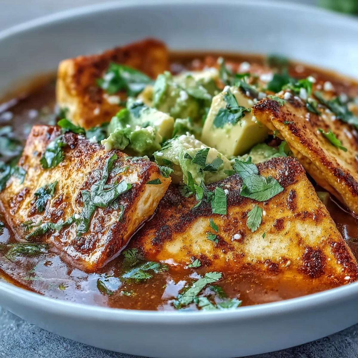 Steaming Sopa Azteca in a rustic bowl features a rich red broth topped with crispy tortilla strips and creamy panela cheese.