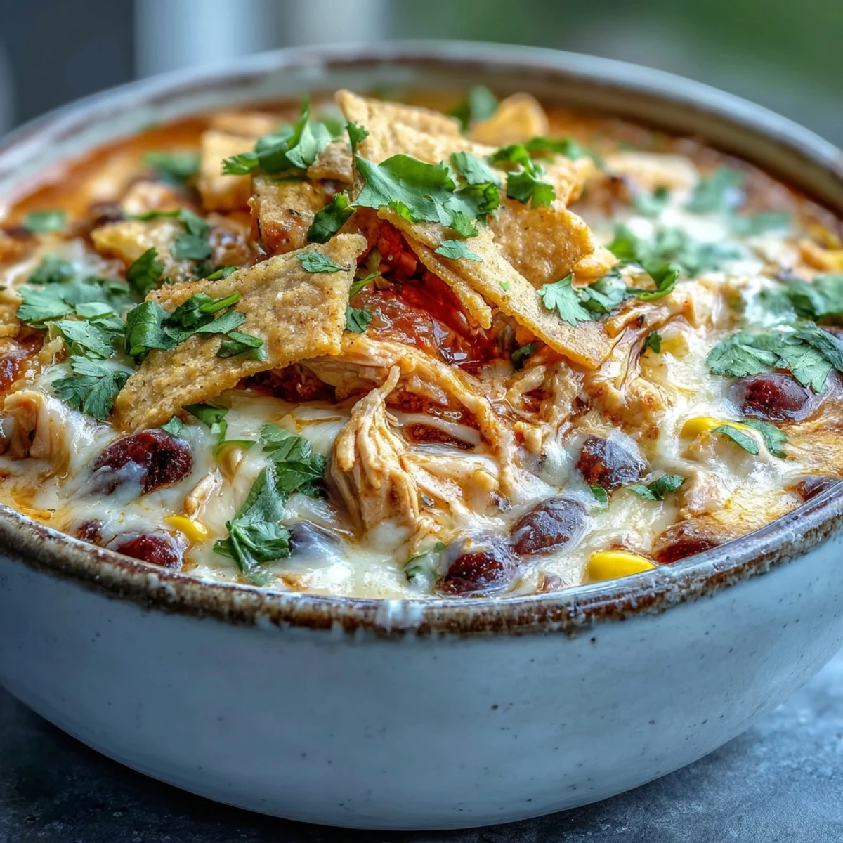 Creamy Easy Chicken Tortilla Soup in a rustic bowl with shredded chicken, black beans, corn, and garnishes ready to serve.