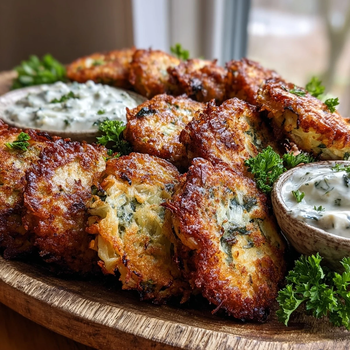 Golden-brown Cabbage Fritters With Dipping Sauce are stacked high, showcasing crispy edges and a tender, vegetable-filled center. The tangy yogurt sauce is served in a small bowl, perfect for a savory appetizer.