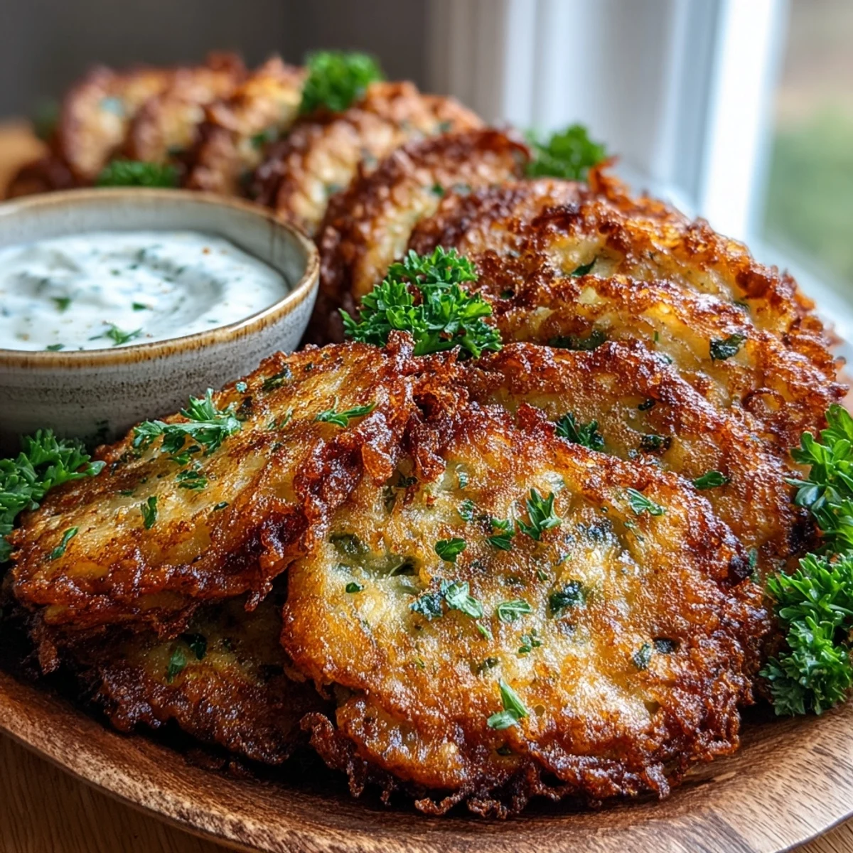Freshly fried Cabbage Fritters With Dipping Sauce rest on a white plate, garnished with chopped parsley. A creamy dip sits alongside these savory bites, highlighting the contrast between the crunchy crust and soft interior.