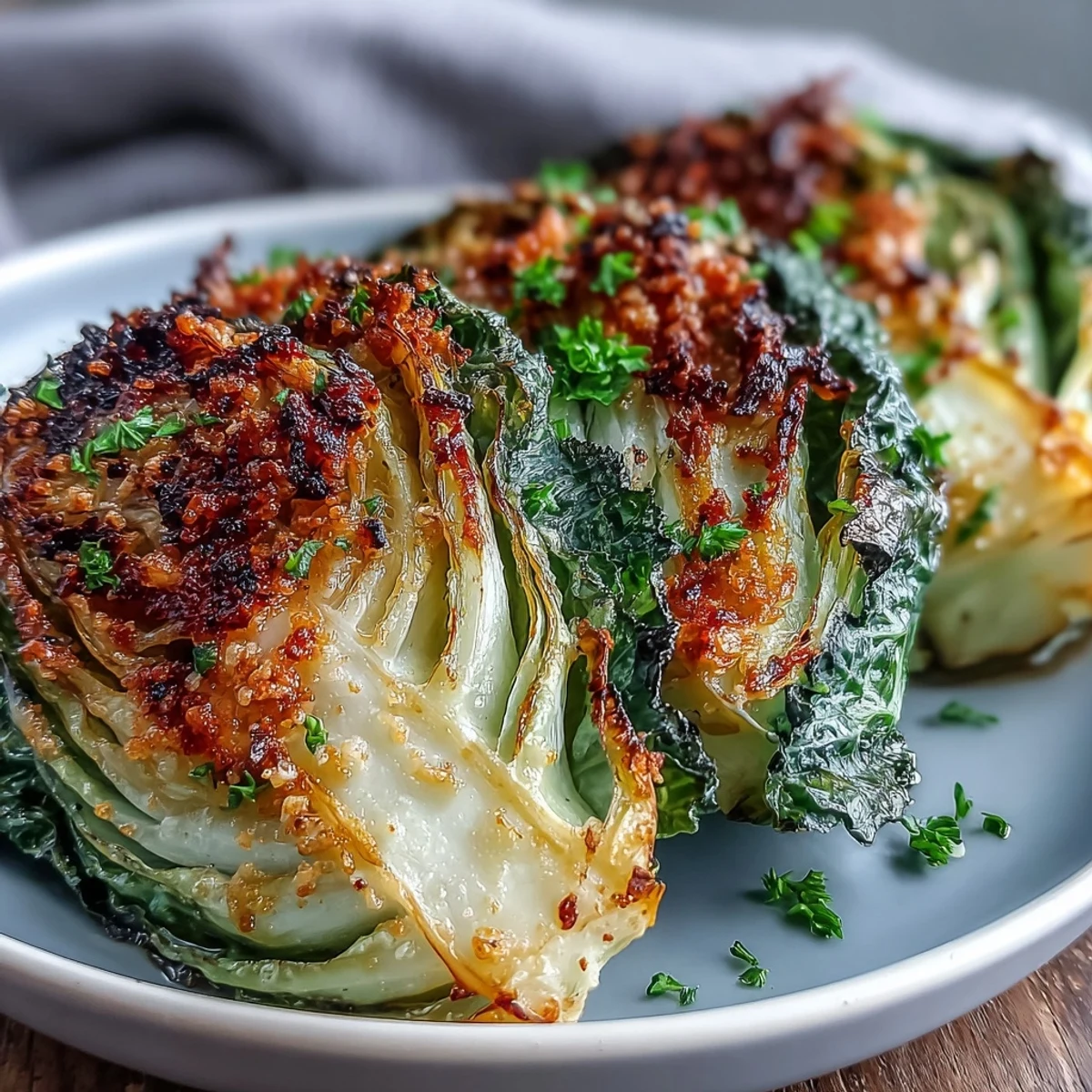 A close-up of roasted garlic Parmesan cabbage wedges, golden and sizzling, garnished with fresh herbs on a rustic plate.  