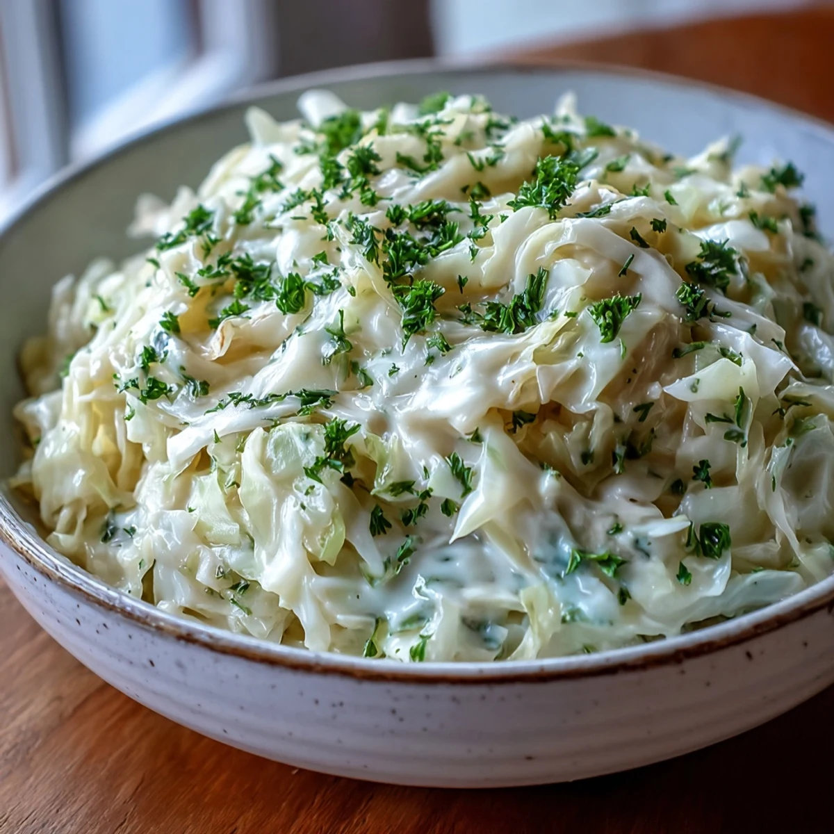 Creamed Cabbage steams gently in a creamy sauce served as a comforting side dish.