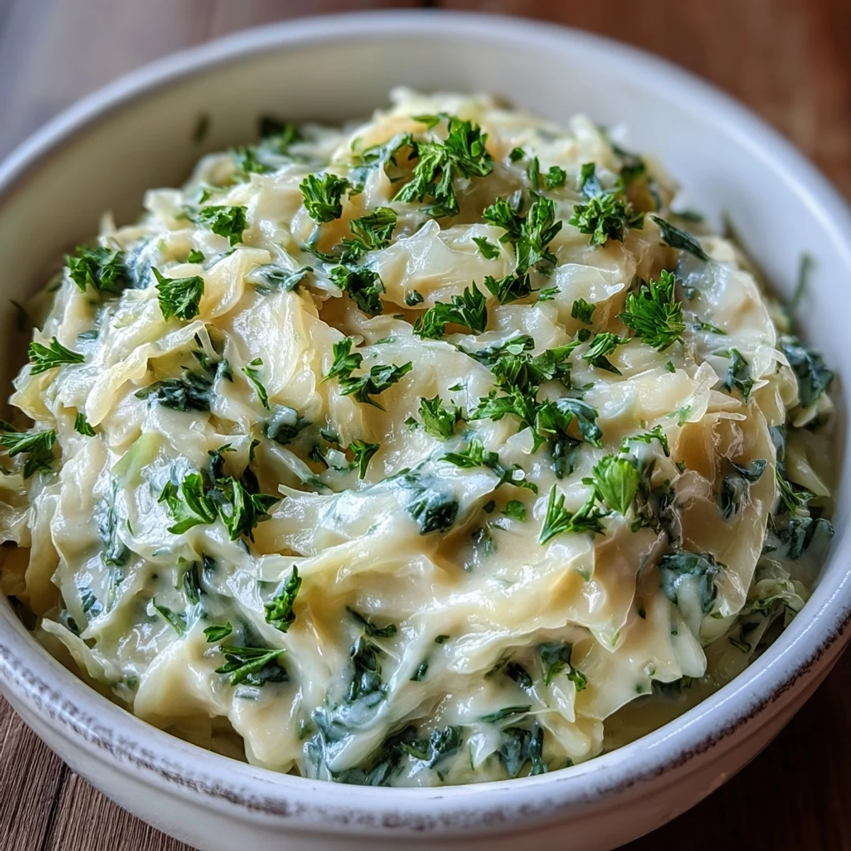 Creamed Cabbage garnished with fresh parsley, ready to serve alongside roast chicken.