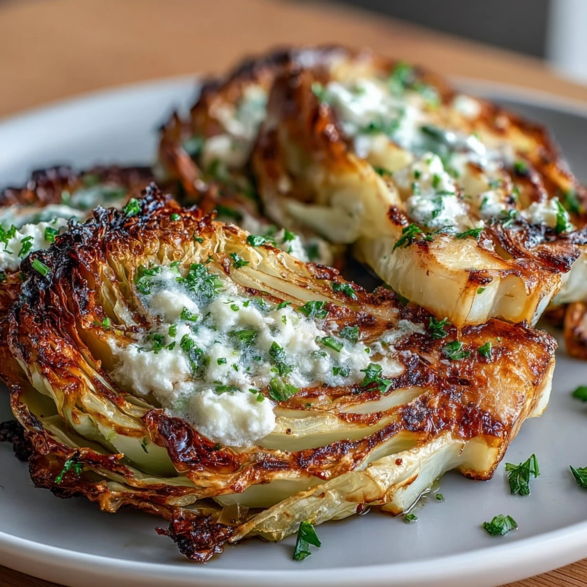 Golden roasted cabbage steaks with melted feta and glistening balsamic glaze on a plate.