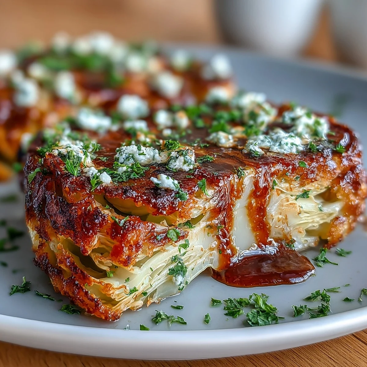 Crispy Cabbage Steaks with feta and balsamic glaze, an elegant vegetarian side dish.