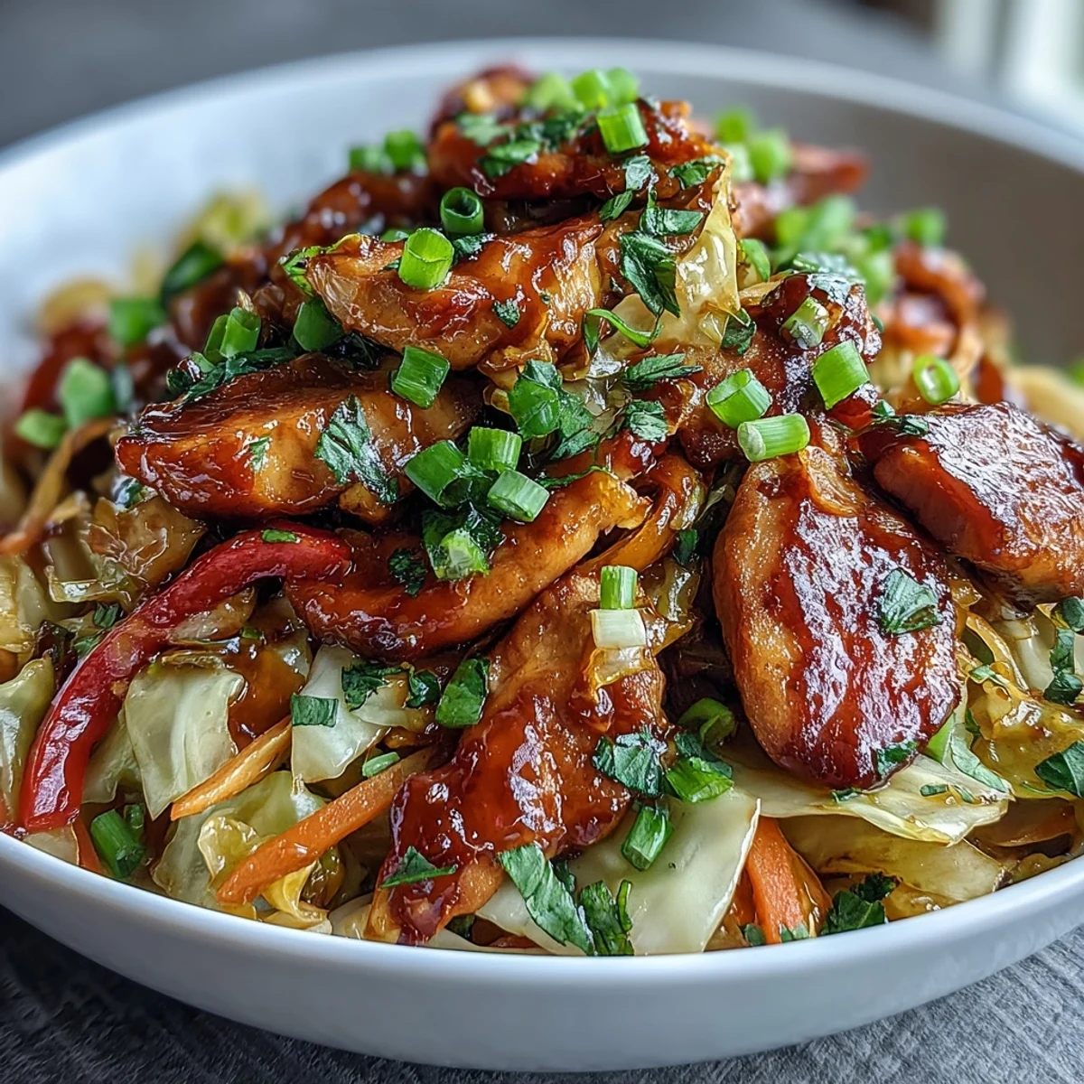 Sizzling Chicken Cabbage Stir-Fry with crisp veggies and savory sauce being tossed in a hot wok.