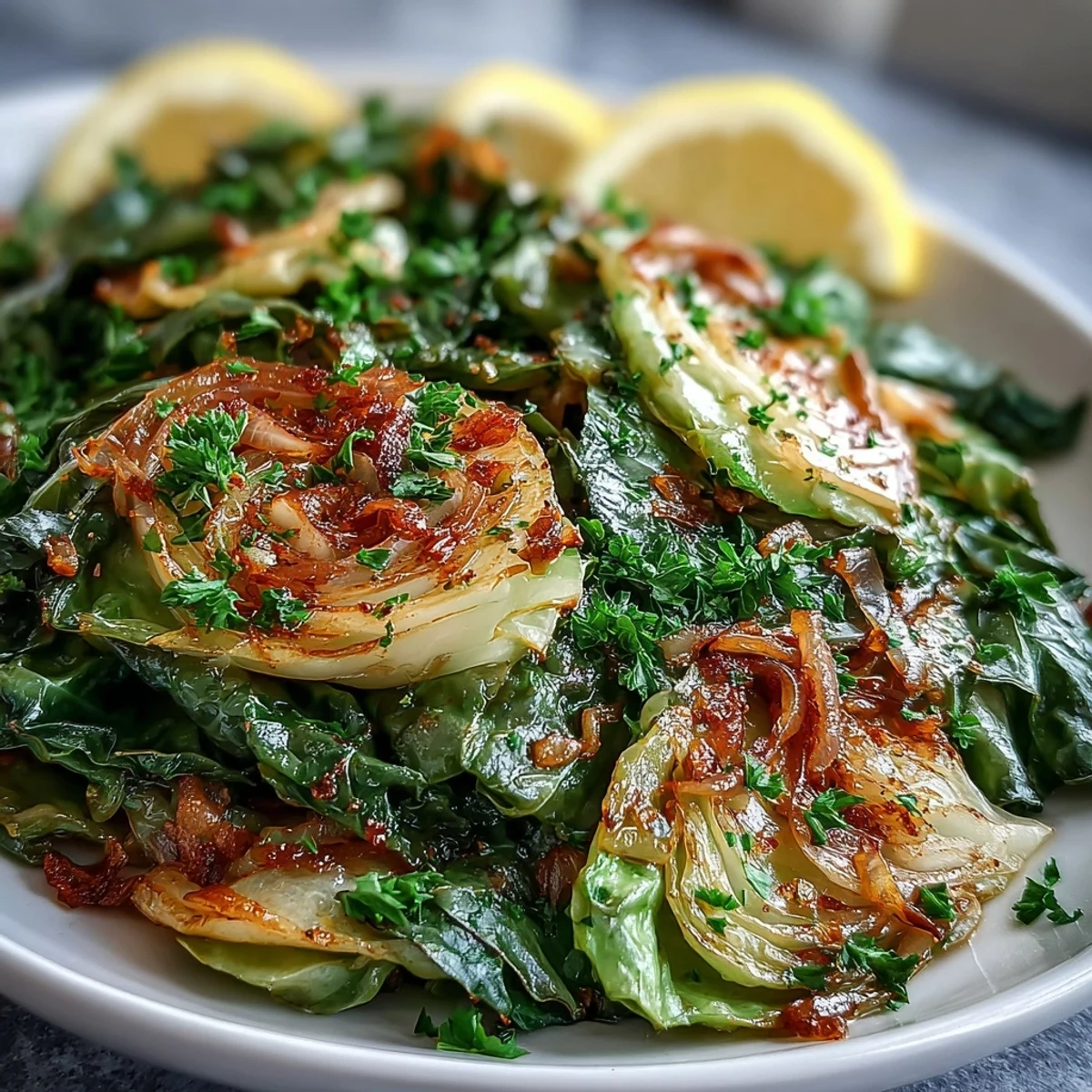 Golden, tender-crisp sautéed cabbage with garlic and Mediterranean spices, sprinkled with fresh parsley and lemon.