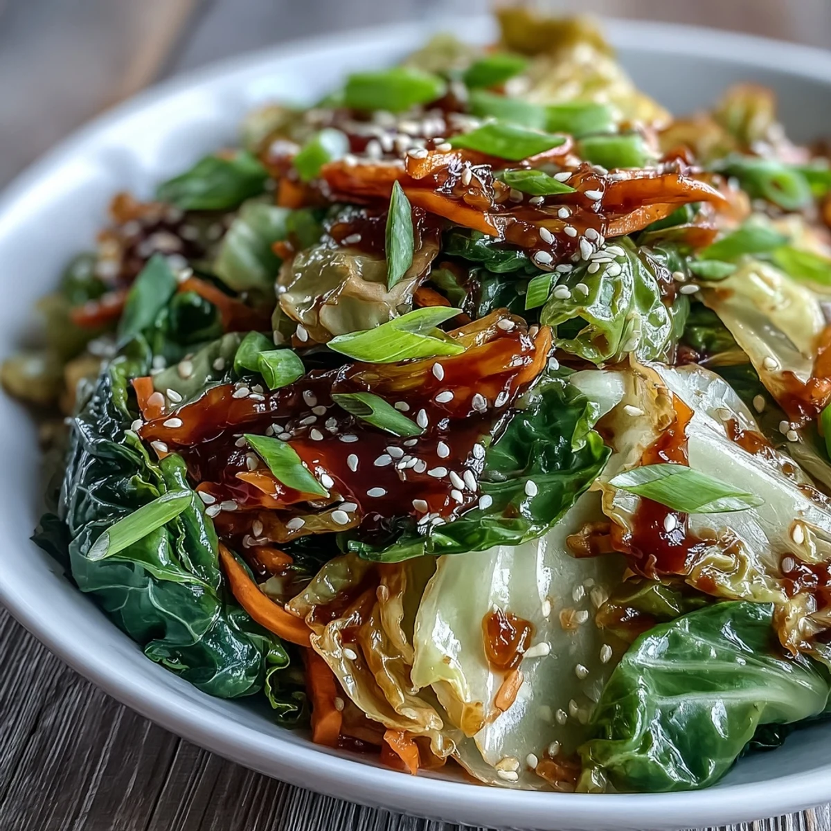 A close-up of Hot and Sour Cabbage stir-fry, featuring glistening, tender-crisp cabbage and carrots coated in a savory, tangy sauce.  