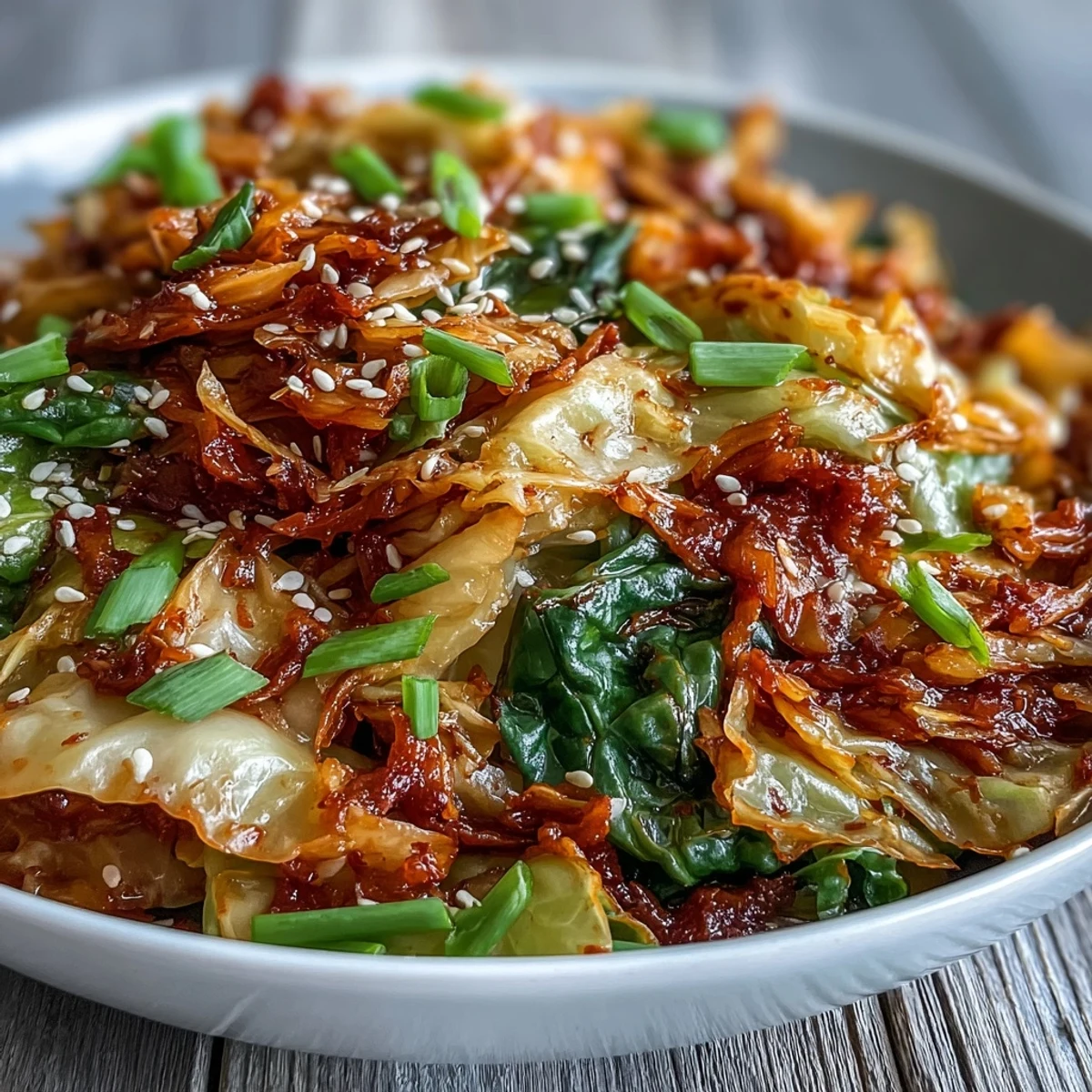 Vibrant bowl of Hot and Sour Cabbage, garnished with fresh scallions and toasted sesame seeds, ready for a spicy meal.  