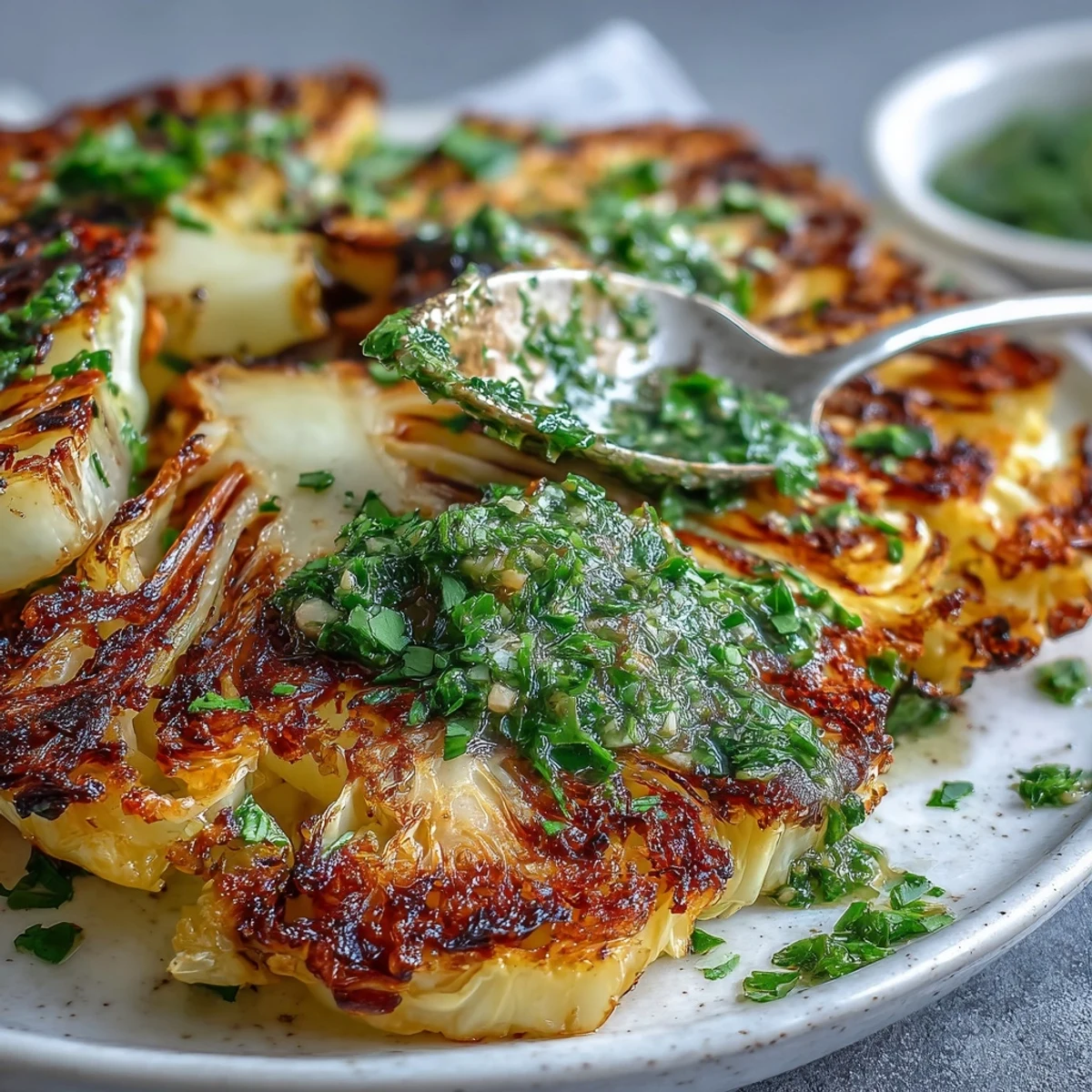 Roasted golden cabbage steaks drizzled with spicy jalapeño chimichurri and fresh parsley.