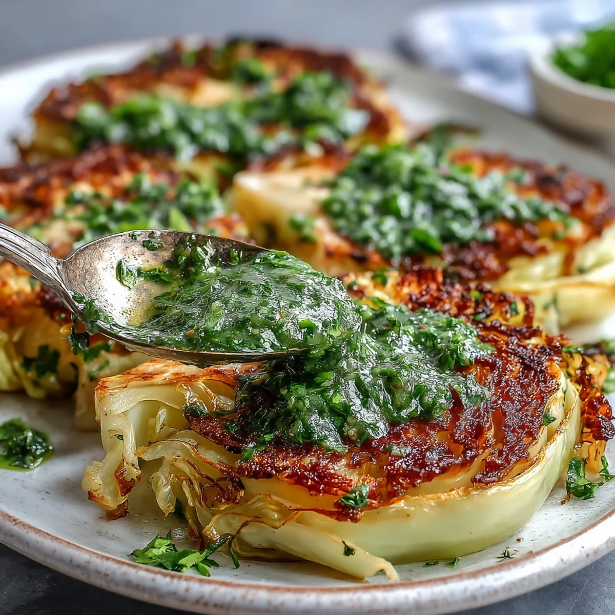 Cabbage steaks with jalapeño chimichurri, perfect for a plant-based dinner served hot.