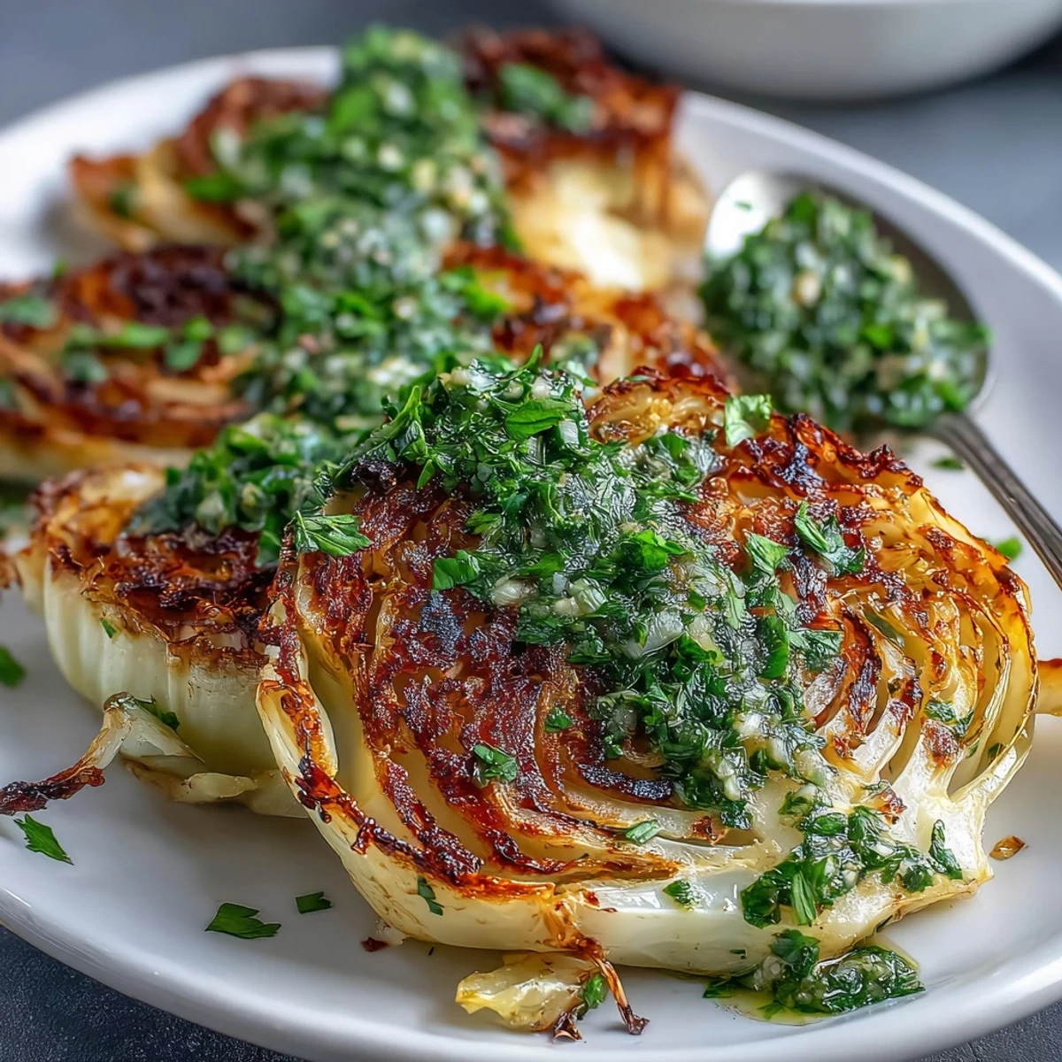 Thick, caramelized cabbage steaks topped with bold jalapeño chimichurri for a vegan main dish.