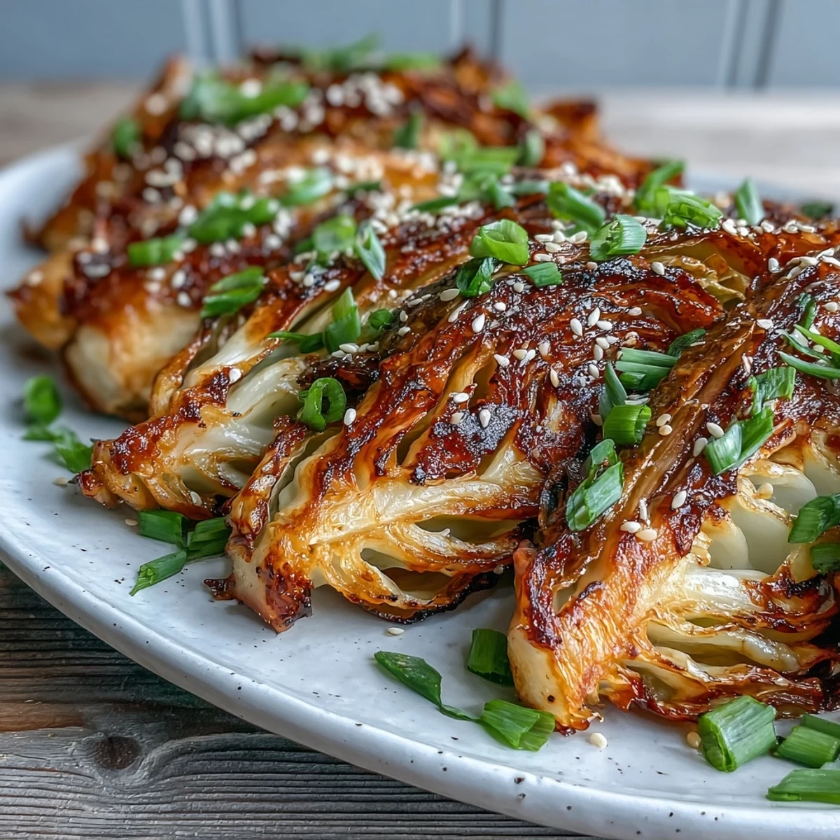 Golden-brown Miso Butter Roasted Cabbage Wedges glistening with nutty glaze and sprinkled with sesame seeds.