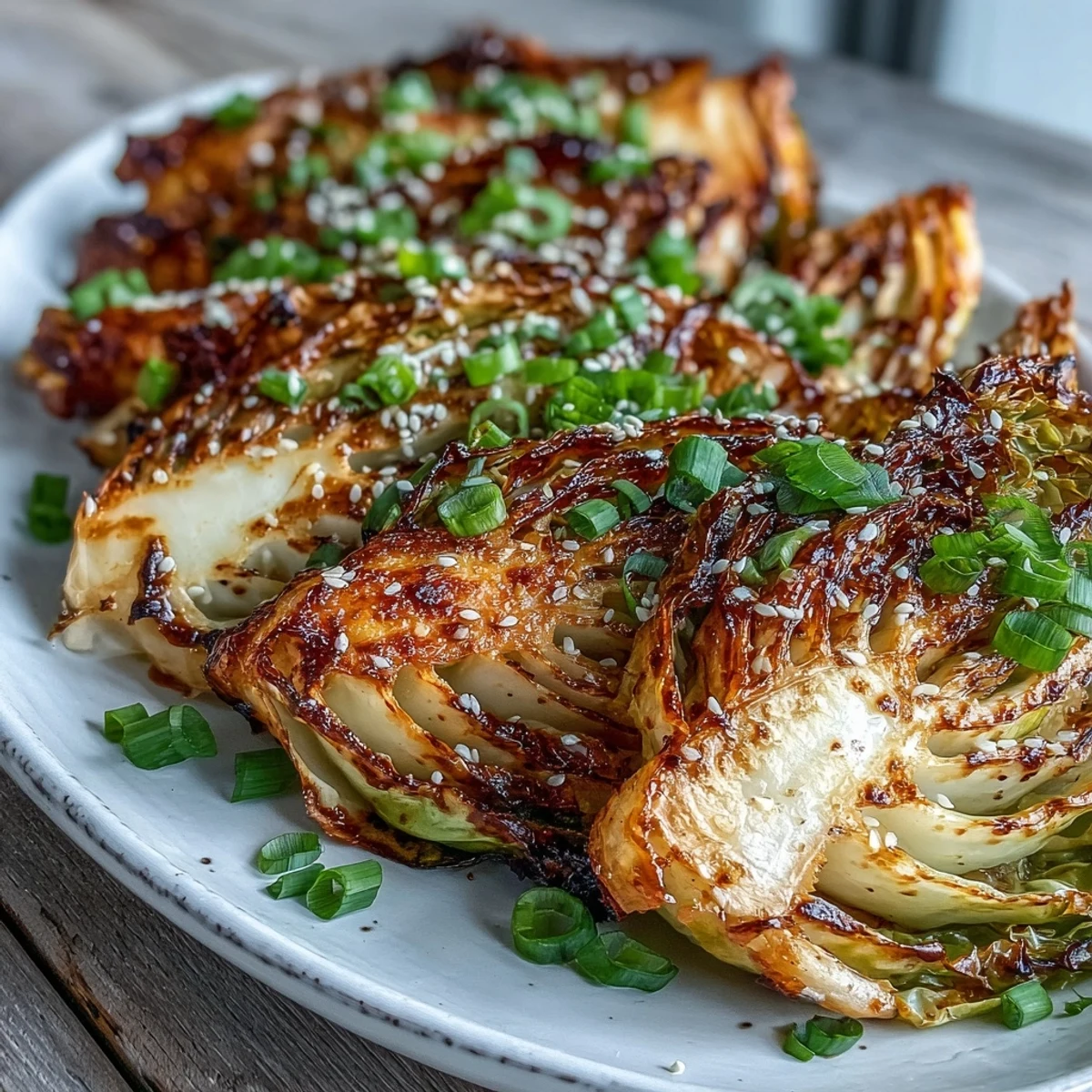 Hot Miso Butter Roasted Cabbage Wedges served as a savory side dish on a rustic platter.