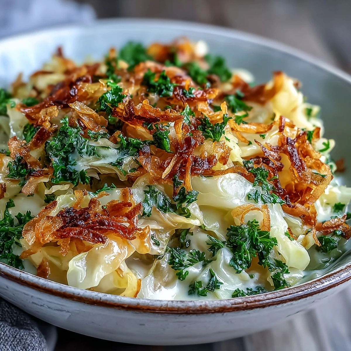 Close-up of vibrant green cabbage simmering in golden coconut milk, flecked with spices and fresh cilantro in a rustic bowl.