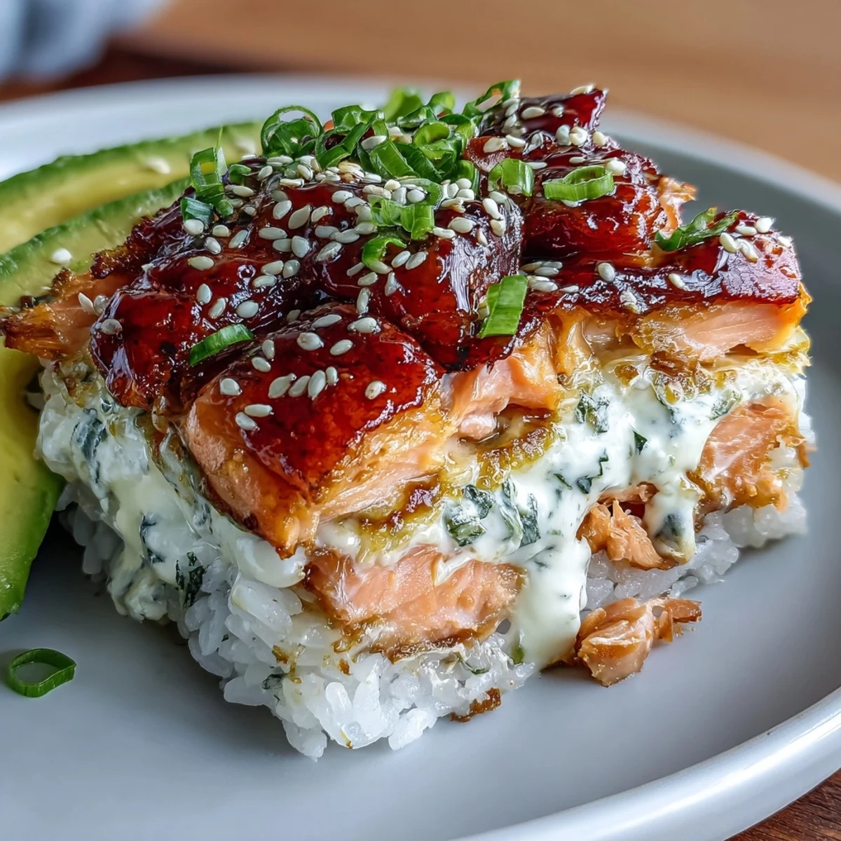 Freshly baked Spicy Salmon Sushi Bake with a golden, bubbly cheese topping, served warm with creamy avocado slices and a drizzle of sriracha mayo.