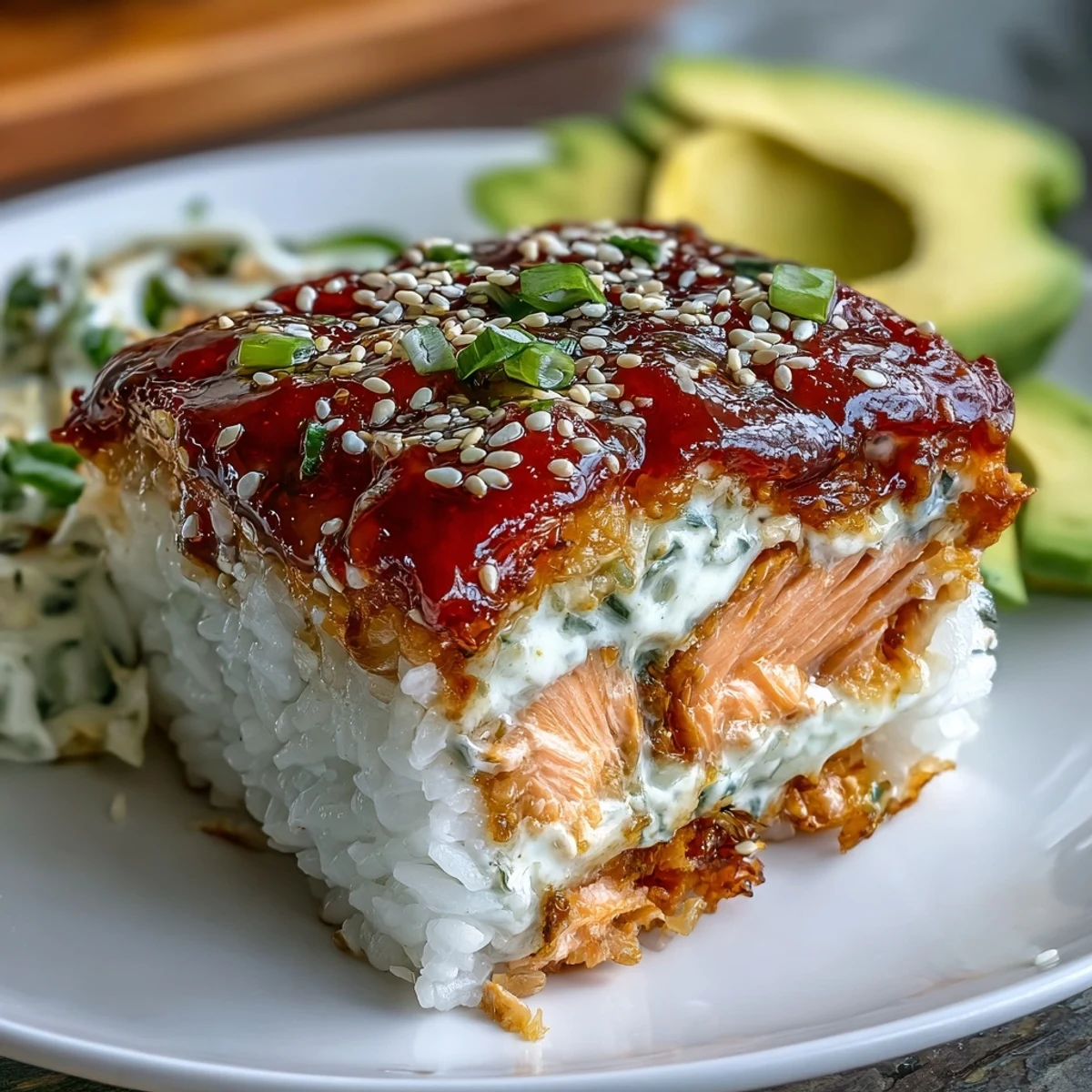A close-up view of a hearty Spicy Salmon Sushi Bake, featuring a base of seasoned sushi rice layered with flaked salmon and savory nori flakes.