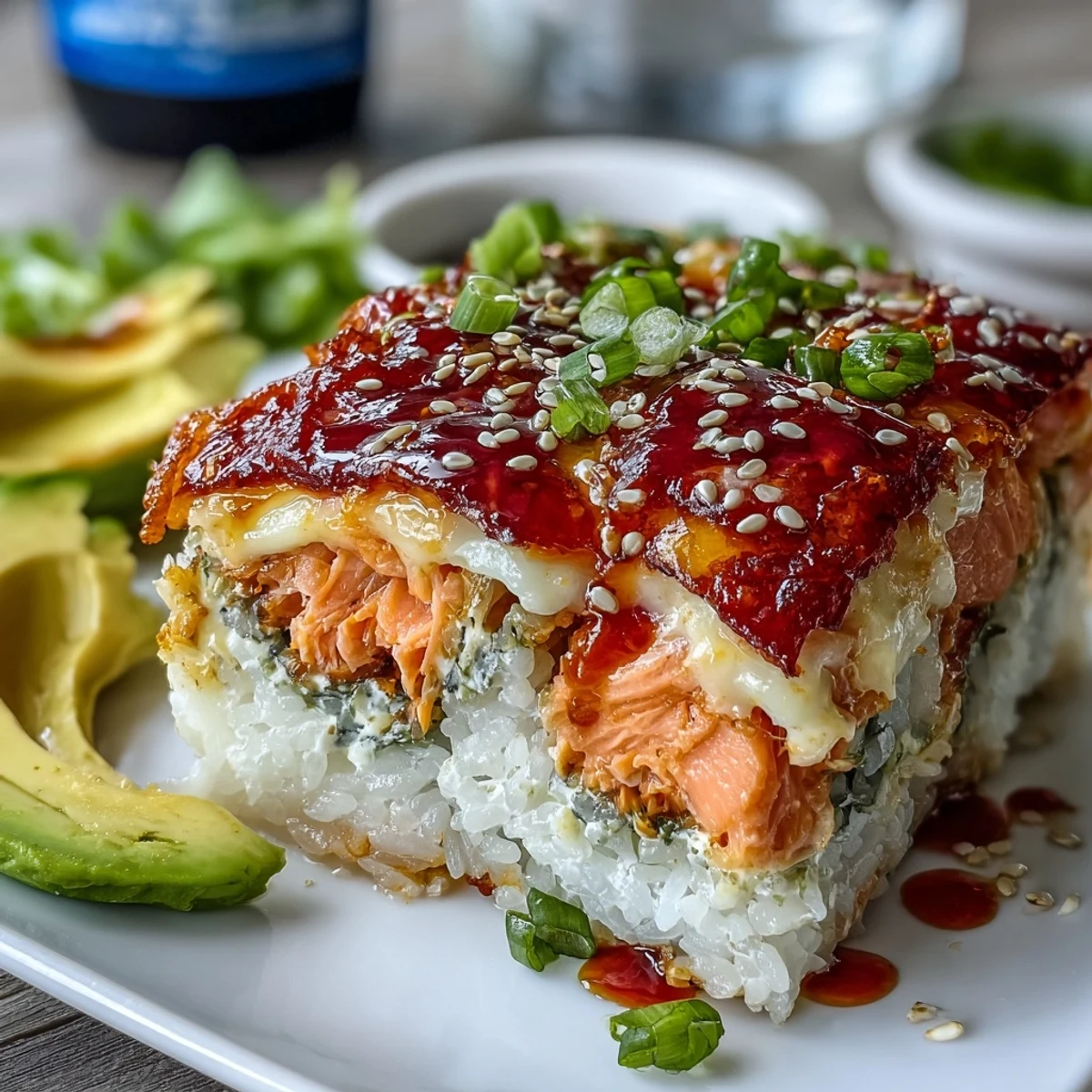 Ready-to-serve Spicy Salmon Sushi Bake topped with sliced avocado and sesame seeds, presented in a white ceramic dish for a family-style dinner.
