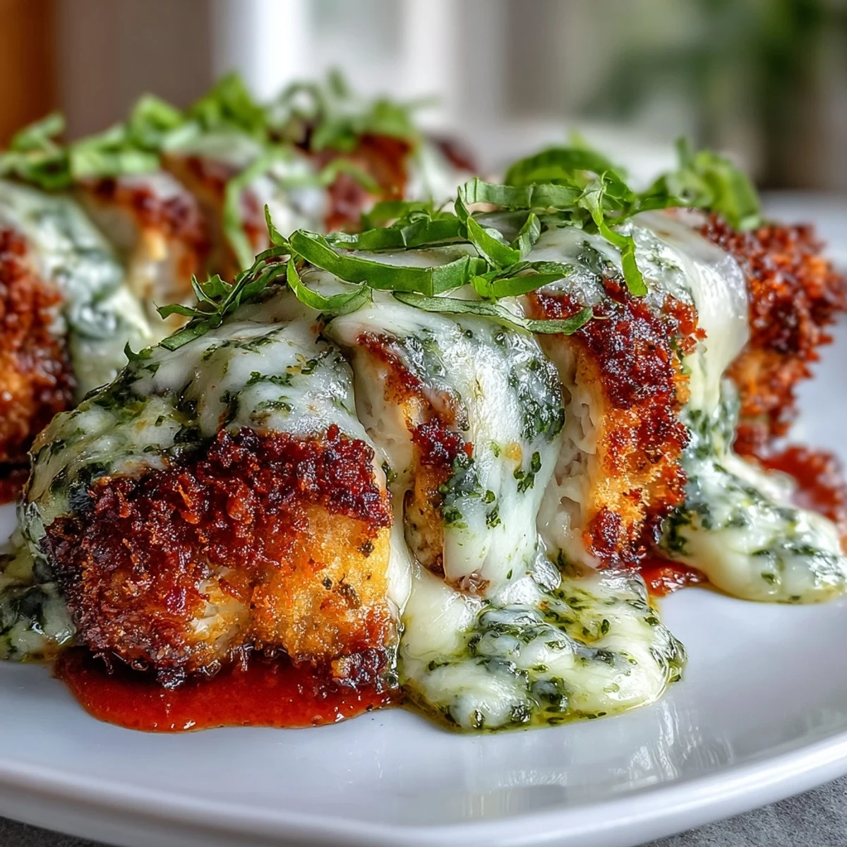 Rustic wooden platter with a serving of Pesto Chicken Parmesan alongside spaghetti, garlic bread, and a crisp green salad.