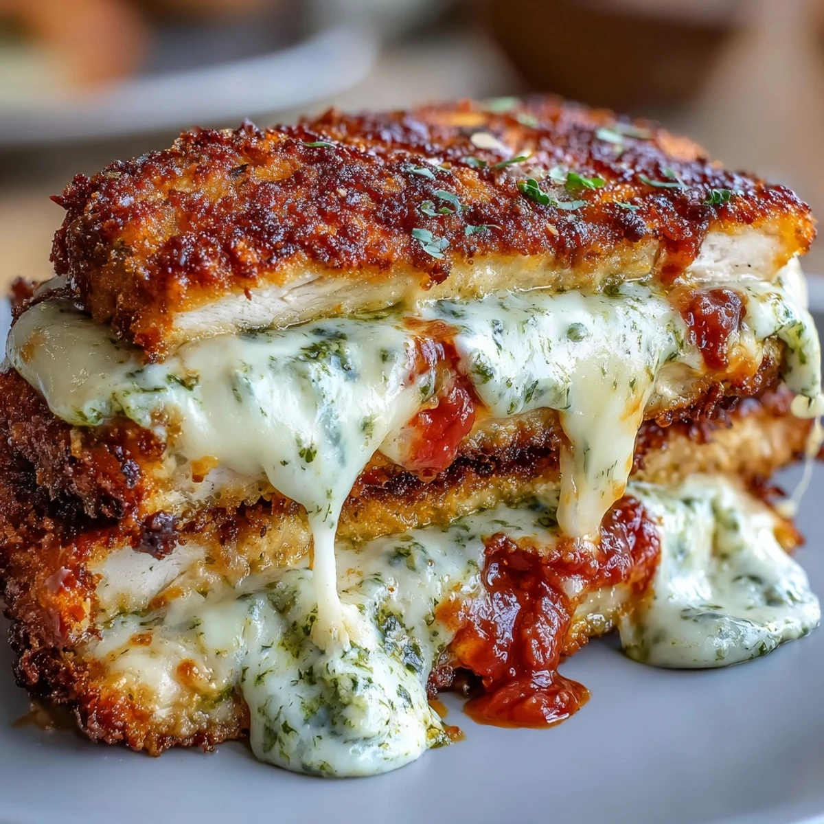 Slice into tender Pesto Chicken Parmesan revealing juicy chicken layered with vibrant basil pesto under bubbly, melted cheese.